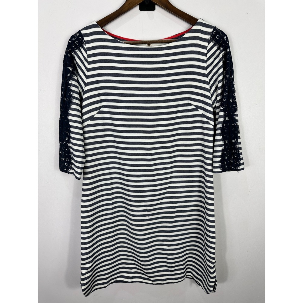 Elize J Striped Shift Dress Womens 8‎ Blue White 3/4 sleeve Lace Nautical Preppy
